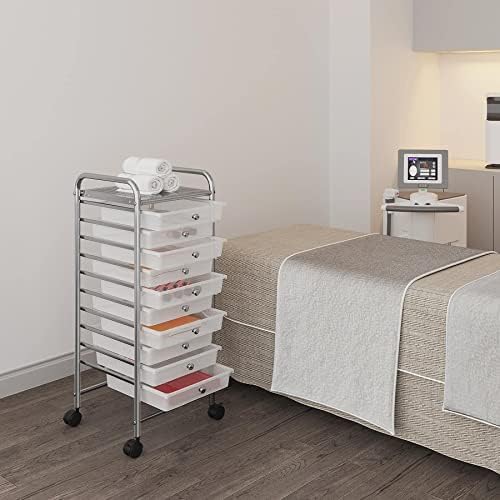 Yaheetech 10/12/15/20 Drawers Plastic Storage Cart, Multipurpose Mobile Organizer Unit with 4 Lockable Wheels, Utility Rolling Trolley for Home Office School Salon & Beauty, 10 Drawers, White
