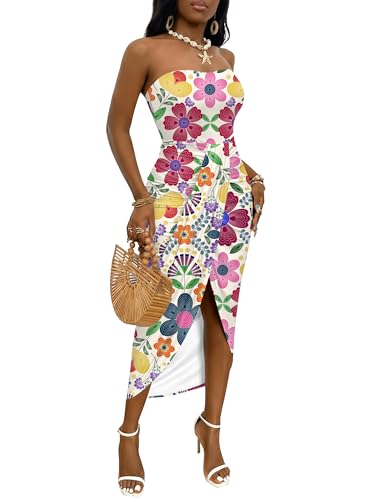 Image of Umenlele Women's Strapless Ruched High Waist Wrap Split Asymmetrical Beach Maxi Long Dress