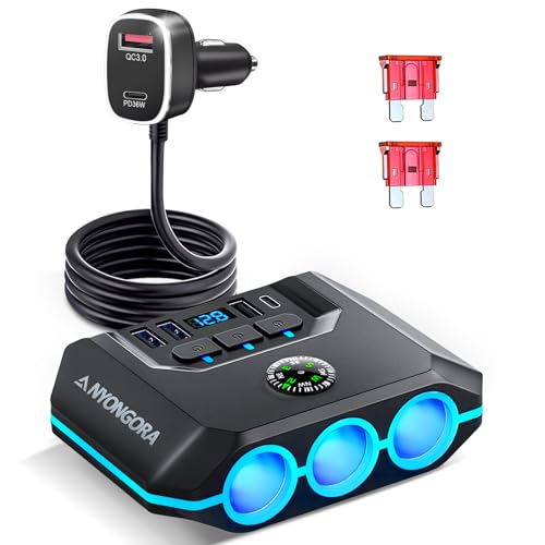 Anyongora 9-in-1 Cigarette Lighter Splitter, 156W Car Charger Adapter with PD 36W & QC 3.0, 3 Sockets with Independent Switches, 6 USB Ports, LED Voltage Display, UL Certified, Includes Spare Fuse