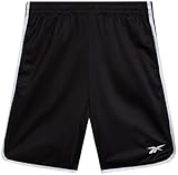 Reebok Boys Basketball Shorts - Lightweight Boys Shorts with Pockets & Drawstring - Close Hole Mesh Athletic Shorts for Kids, Size 10-12, Black White Panel