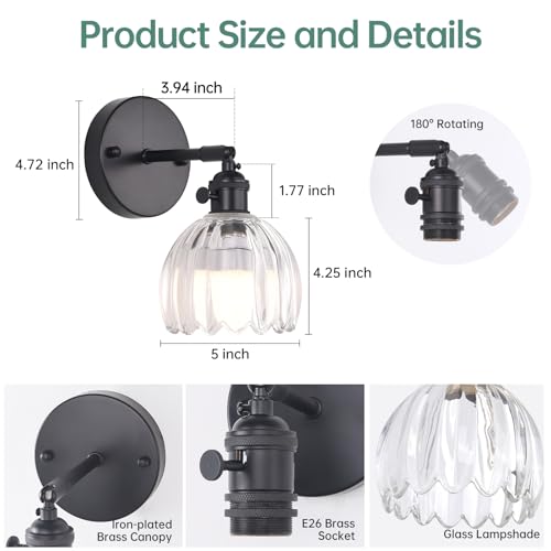Image of Shenmoyl Vintage Battery Operated Wall Sconce with Transparent Tulip Glass Lampshade Rechargeable Battery Powered Black Wall Light with Remote Control for Bedside Bedroom Doorway