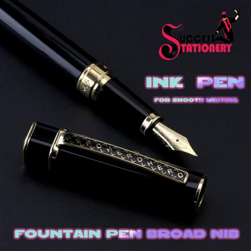 Image of Success Stationery Hero Pen Original Fountain Pen for Men Extra Fine Nib Ink Pen Black Colour Cap and Body Gold Trim Luxury Pen 979 Gift Set with Box