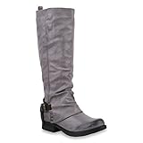  Damen Bikerstiefel Gefütterte Stiefel Leder-Optik Biker Boots 153703 Grau Brito 37 Flandell