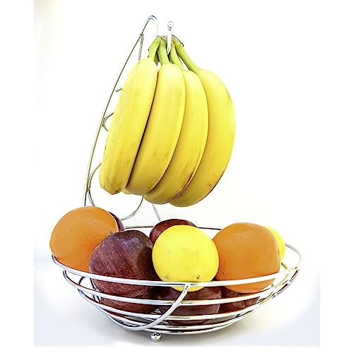 Fruit Basket with Banana Hanger Heavy-Duty Wire Fruit Basket for Kitchen Stable and Durable Fruit Bowl for Kitchen Counter Dining Table Centerpiece Kitchen Countertop Storage (Chrome)