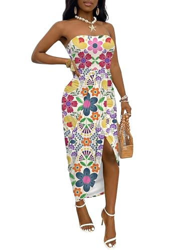 Image of Umenlele Women's Strapless Ruched High Waist Wrap Split Asymmetrical Beach Maxi Long Dress