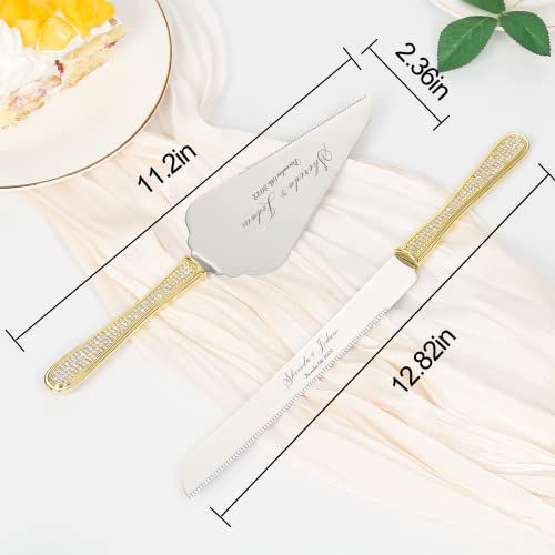 Wedding Cake Knife And Server Set, Personalized Cake Cutting Set, Engraved Elegant Cake Cutters With Sparkling Diamonds, Custom Pie Spatula And Cake Knife, Birthday Bridal Quinceañera Gift (Gold 4) #TOP4