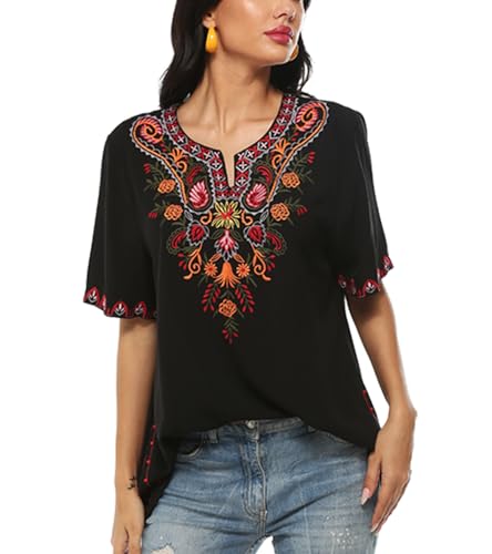 Higustar Mexican Embroidered Tops for Women Bohemian Peasant Shirts Boho Tunic Traditional Clothes Floral Fiesta Blouse2