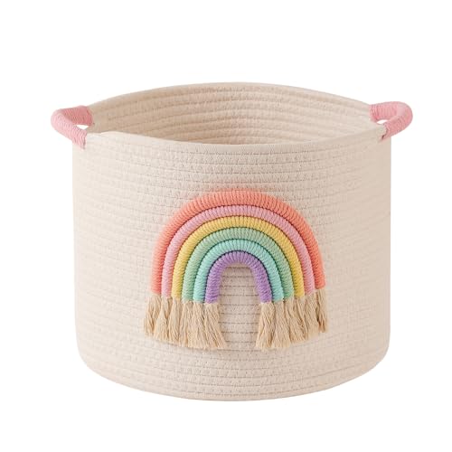 Aufbewahrungskörb für Spielzeug, Korb Kinderzimmer Aufbewahrungskorb Wickeltisch Organizer Gewebtem Baumwollseil mit Regenbogen-Dekor für Mädchen, Babyzimmer Spielzeug-Organizer, Regal Bad Organizer