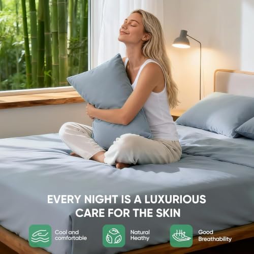 Image of TWK Real 100% Viscose Derived from Bamboo Sheets Set King Size, Cooling & Silky Soft for Hot Sleeper, Breathable & Moisture Wicking Fabric, 18 inch Deep Pocket with Corner Straps (French Blue, King)
