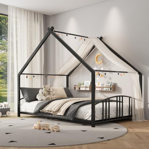 Image of Garvee Full Size Metal House Bed Frame for Kids, Black