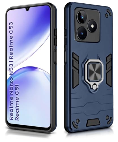 Image of WOW IMAGINE Shock Proof Back Case Mobile Cover for Realme Narzo N53 | Realme C53 | Realme C51 | Back Cover Case (Tough Armor | Hybrid PC + TPU | Ring Holder & in-Built Kickstand | Blue)