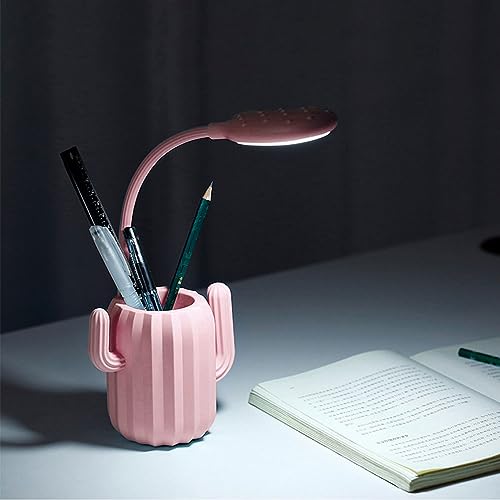 SEIWEI LED Rechargeable Desk Lamp - Cute Cactus Table Light with Pen Holder for Kids, Touch Control Gooseneck Desk Reading Lamps (White Light) Pink
