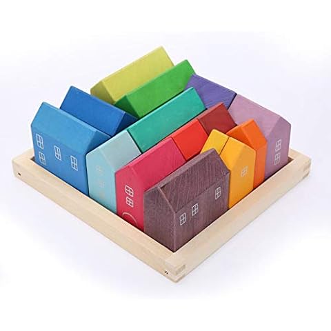 moderngenic 'Little Houses' Rainbow Large 15 Piece Rainbow Blocks, Wooden Toys for Kids, Geometric Stacking Educational Building Block Set Cover