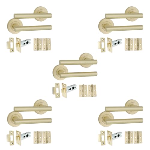 Infinity Decor 5 Set T-Bar Satin Brass Lever On Rose Internal Door Handles - Latch & Hinges Pack