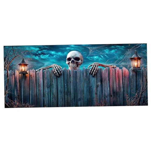 Image of Garage Door Cover Skeleton Peek on Fence Halloween Decorations 7x16ft
