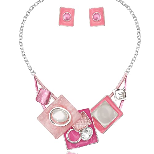 CSY Fashion Boho Oval Crystal Opals Statement Bib Necklace Earrings Bohemian Enamel Costume Jewelry Set Gifts for Women (pink - silver tone)