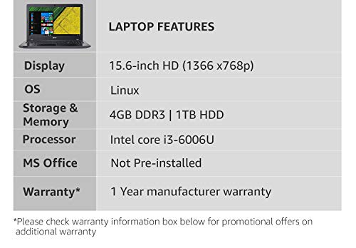 Image of Acer Aspire E15 E5-576 Intel Core i3 6th gen 15.6-inch Laptop (6006U 4GB /1TB HDD /Linux /Black /2.23kg)