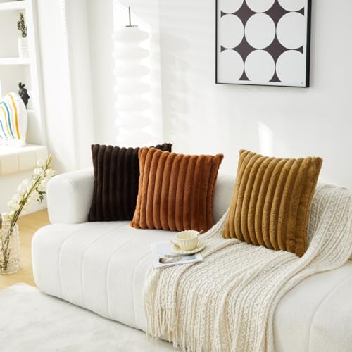 Sunday Praise Faux Fur Throw Pillow Covers 16x16 Inch Set of 2 Soft Cozy Striped Decorative Square Pillow Cases Solid Fluffy Cushion Cases 40x40cm for Couch Sofa Home Décor Dark Brown by Sunday Praise - Image 3