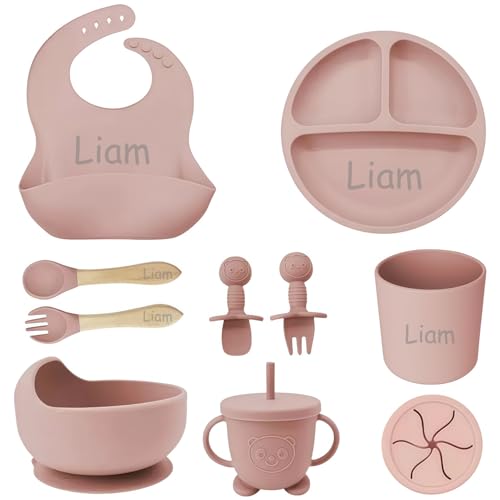 Personalized Silicone Suction Plates for Baby，Custom Toddlers Spoon and Fork, Baby Feeding Set with Name,Baby Birthday Gift for Boy & Girl (Light Pink)