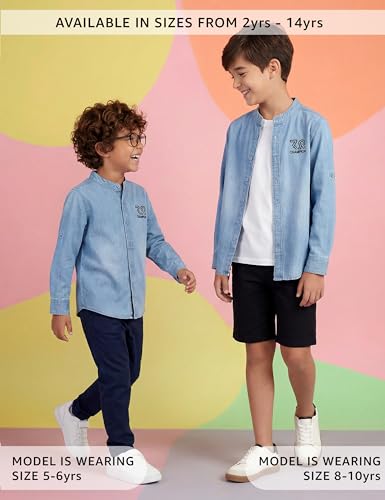 Image of Amazon Brand - Symbol Boys 100% Cotton Regular /Mandarin Collar Denim Shirt | Full Sleeves | Regular Fit | Age 2-14 Years