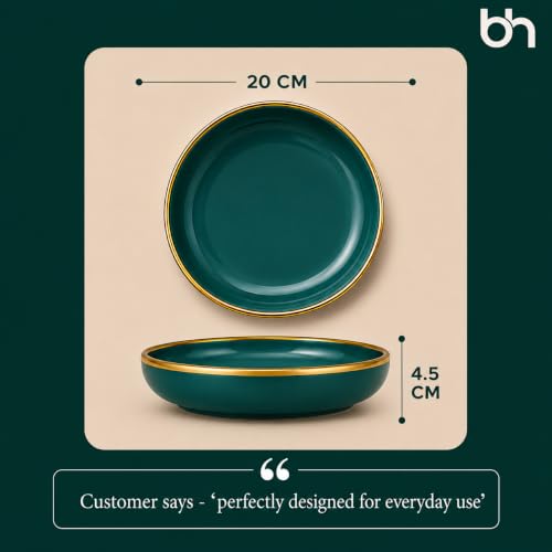 Image of Beyond Homes Ceramic Bowl Set of 2 | 20 cm Deep Serving Bowls | Microwave & Dishwasher Safe Glossy Ceramic Bowls for Pasta Ramen Soup Noodles & Salad | 650 ml Each, Teal Gold