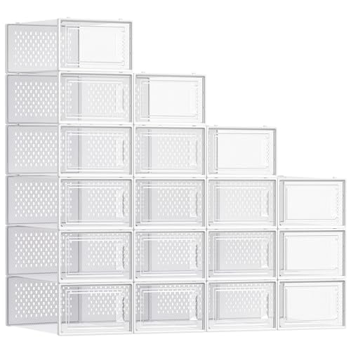 Image of SONGMICS Shoe Boxes, Pack of 18 Shoe Storage Organizers, Stackable Clear Plastic Boxes for Closet, Sneakers, 13.1 x 9.1 x 5.6 Inches, Transparent and White ULSP18SWT