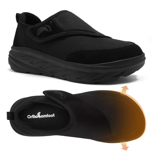 Men's Orthopedic Diabetic Extra Wide Walking Shoes: Comfortable Heel Spurs Plantar Fasciitis Supportive High Arch Neuropathy Sport Shoes, Hook and Loop Ergonomic Working Swollen Sneakers Black Size 12