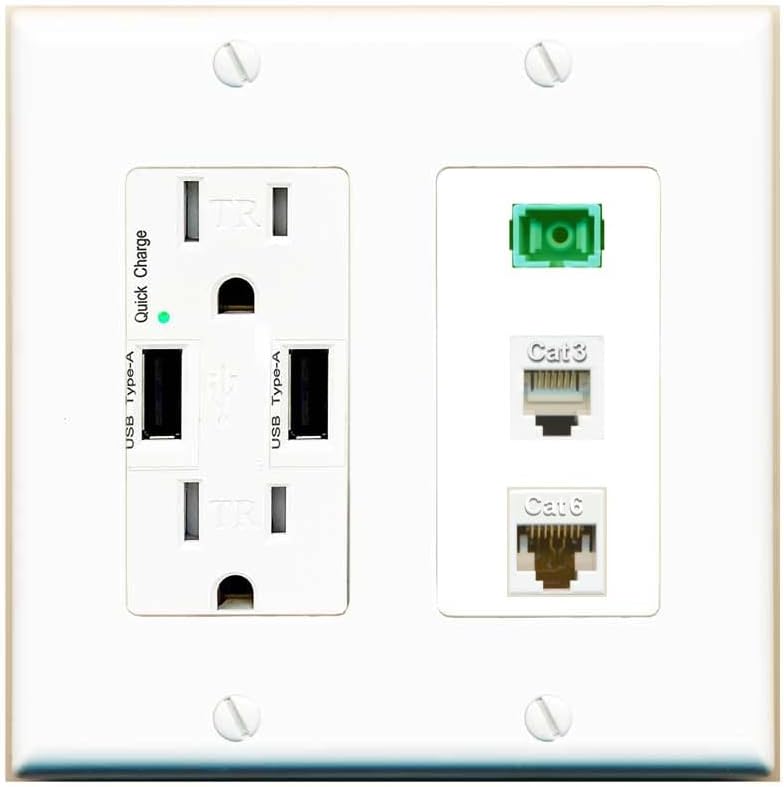 RiteAV 1 Port SC APC Simplex Phone and Cat6 Ethernet Wall Plate - USB Charger Outlet [Black/Black]