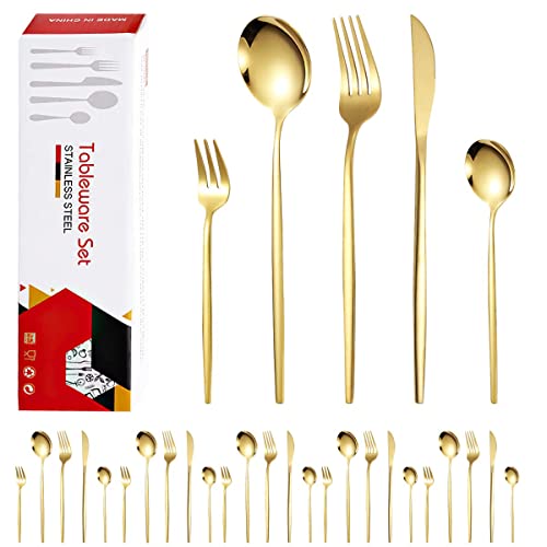 Lista de Cubertería los más recomendados. 41 DAQI Juego de Cubiertos de Acero Inoxidable de 30 Piezas, Set de Cubiertos de Oro para 6 Personas, Tenedor, Cuchara, Cuchillo, Ideal para Reuniones Familiares y Uso Diario, Aptas...