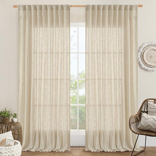 LAMIT Extra Wide Linen Curtains for Bedroom Semi Sheer Panels 84 Inch