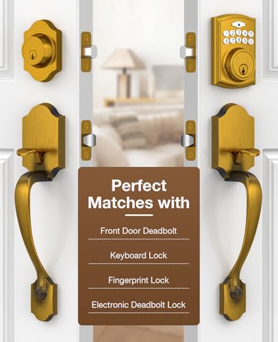 Image of Brightify Antique Brass Front Door Handle No Lock, Classic Exterior Door Handle, Entry Door Handle Reversible for Left & Right Hand Doors
