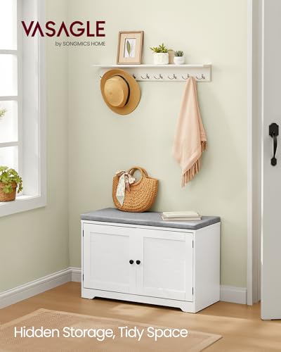 Image of VASAGLE Shoe Storage Bench with Cushion, 3-Tier Entryway Bench with Padded Seat, Doors, Adjustable Shelves, 14 x 31.9 x 20.7 Inches, for Hallway, Bedroom, Cloud White and Dove Gray ULSB034W01