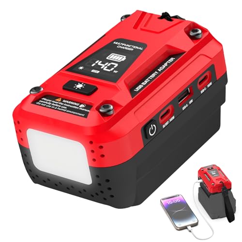 140W Battery USB Charger Compatible with Milwaukee 18V Battery Fast Charger Adapter Replacement Featuring 2 PD3.1 USB-C Port 1 QC18W USB-A Port 700LM LED for Outdoor Jobsite Camping(Adapter Only)
