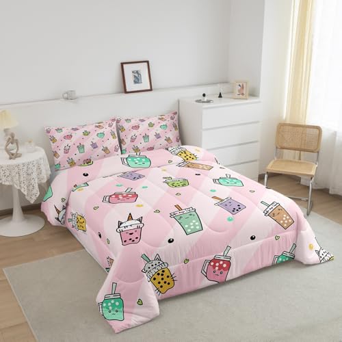 Image of Feelyou Kids Milk Tea Comforter Set Full Size, Cute Bubble Bedding Set Bubble Tea Comforter for Boys Girls Kawaii Duvet Insert Bed Set 3Pcs