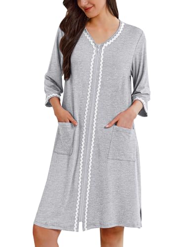 Image of Ekouaer Zipper Robes for Women 3 /4 Sleeves Lightweight House Coat Zip Up Bathrobe Soft Nightgown with Pockets S-3XL