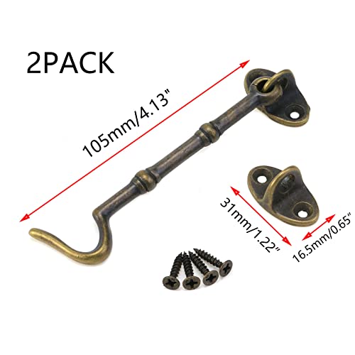 Curqia 2 Pack Hook And Eye Latch Antique Bronze Heavy Duty Barn Door Lock Brass Privacy Hook, 4 Inch #TOP1