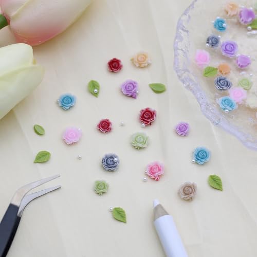 VCEOW Flower Nail Art Charms,Colorful Resin Rose Charms with Leaves and Silver Round Caviar Beads,3D Nail Decor Accessories for DIY Manicures,Crafts Design,Jewelry Making — view 4