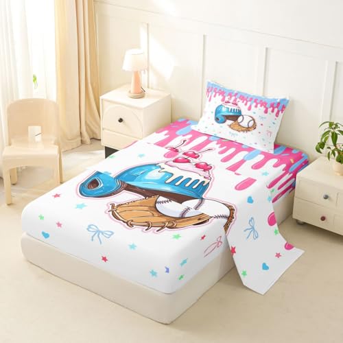 Image of Castle Fairy Baseball Cap Bed Sheets Twin Size,Ice Cream Cherry Dessert Easy Wash Bedding Set,Game Sports Graffiti Kids Room Decor,Bule Sheet(Fitted+Flat+1 Pillowcase)