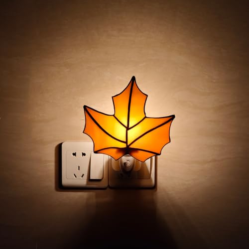 Image of CHEZBABY Stained Glass Night Light Plug into Wall Accent Nightlight Lamp Decorative for Hallway Bedroom Kitchen Home Decor-Maple Leaves