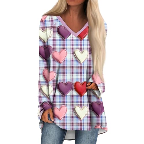 Womens Valentines Shirt Fashion V Neck Long Sleeve Shirts Cute Love Heart Tshirts Loose Casual Graphic Blouses