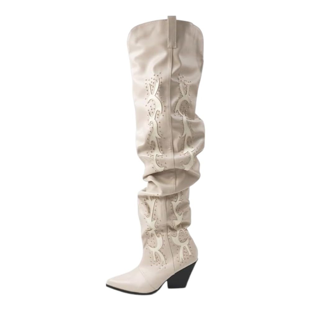 LEMONADE Women Over the Knee Thigh High Cowboy Boots Chunky Block Heel Studded Slouch Cowgirl Western Boots