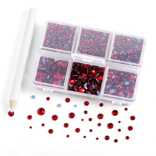 Image of BEADSLAND Hotfix Rhinestones, 4000 PCS Red Rhinestones for Clothes Crafts Mixed 6 Sizes with Wax Pencil and Tweezers Kit, SS6-SS30, Siam