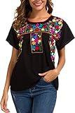 YZXDORWJ Women's Embroidered Mexican Peasant Blouse Mexico Summer Shirt Short Sleeve (US3XL, 290BK)