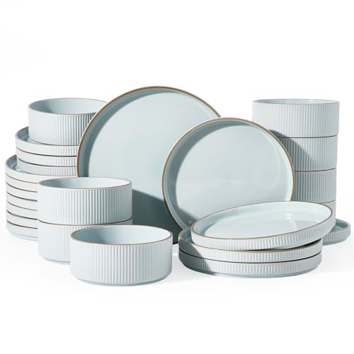 Image of Famiware Stoneware Dinnerware Sets for 8, Rimmed Plates, Bowls, Blue Dishes
