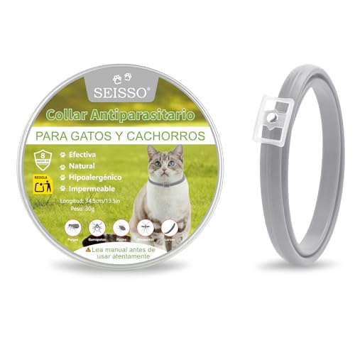 SEISSO Collar Anitpulgas para Gatos, Collar contra Pulgas y Garrapatas con 6-8 Meses de Protección, Collares Antiparasitarios de 34.5 cm Ajustable para Perros Pequeños y Gatos, Gris