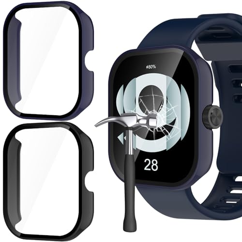 Jvchengxi Funda para Xiaomi Redmi Watch 4 Protector de Pantalla, 2-Piezas Duro PC Carcasa Protectora Antiarañazos Vidrio Templado Protección Completa Estuche Case Redmi Watch 4 (Negro+Azul)