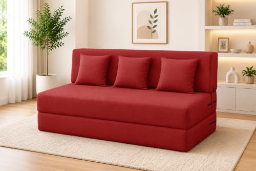 Image of Los Angeles Foldable Three Seater Sofa Cum Bed, Sofa Bed 5 X 6 Feet Jute Fabric Washable Cover- Including Cushion Perfect for Living Room - Red Color
