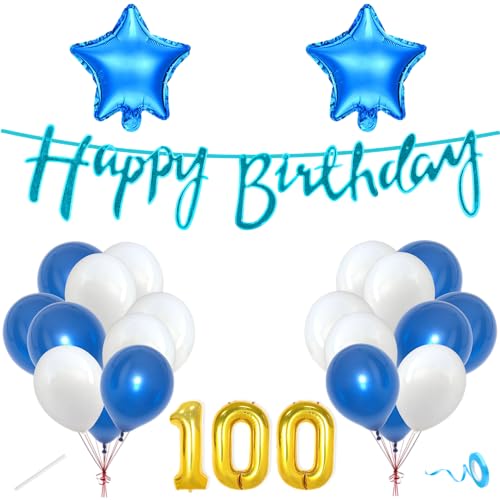 Image of Flyloons 100th Happy Birthday Decoration Kit Blue White for Boys Girls Men Women Adults With 20 Pcs Metallic Balloons Birthday Banner 2 Pcs Star Items Set