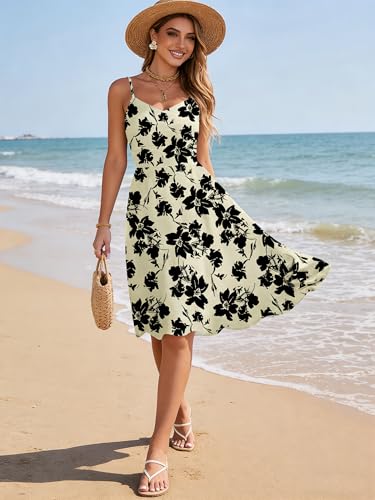 Image of YATHON Casual Dresses for Women Sleeveless Cotton Summer Beach Dress A Line Spaghetti Strap Sundresses with Pockets