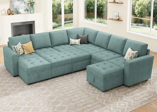 Image of HONBAY Modular Sectional Sleeper Sofa with Pull Out Couch Bed, U Shaped Couch with Storage, Sectional Couches for Living Room, Blue